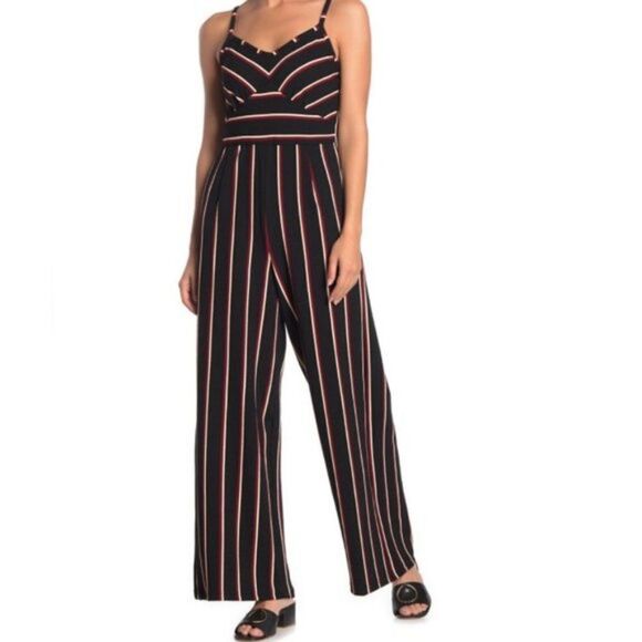 Angie Black Striped V-Neck Jumpsuit size al - Picture 1 of 6